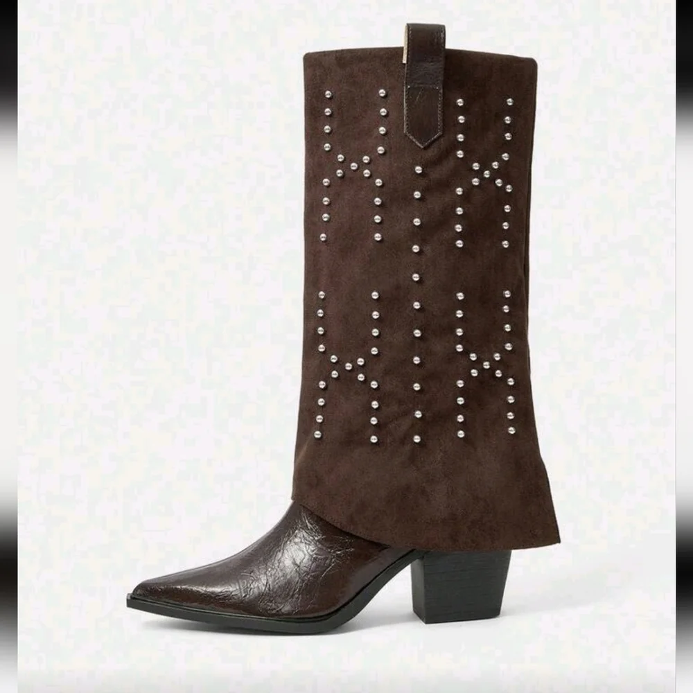 Western Style Pointed Toe Chunky Heel Cowgirl Boots,Fashion Casual Outfit For Wo - Picture 3 of 5